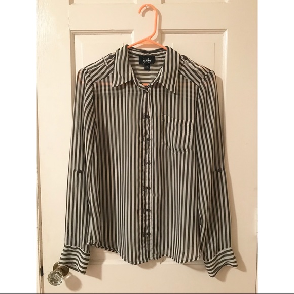 Sheer, Dark Green Striped Button Down Shirt, M - Picture 5 of 8